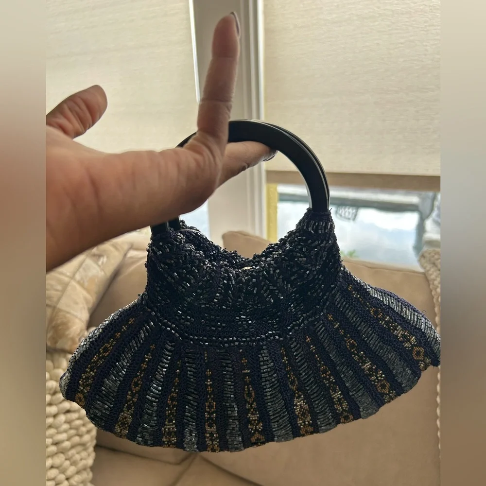 Mary Frances Machu Picchu Trail Elegant Blue & Gold Beaded Clutch w/Handle NWT - Picture 3 of 4